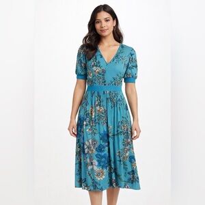Current Air Turquoise Floral V-Neck Midi Dress Puff Sleeve Fit & Flare
